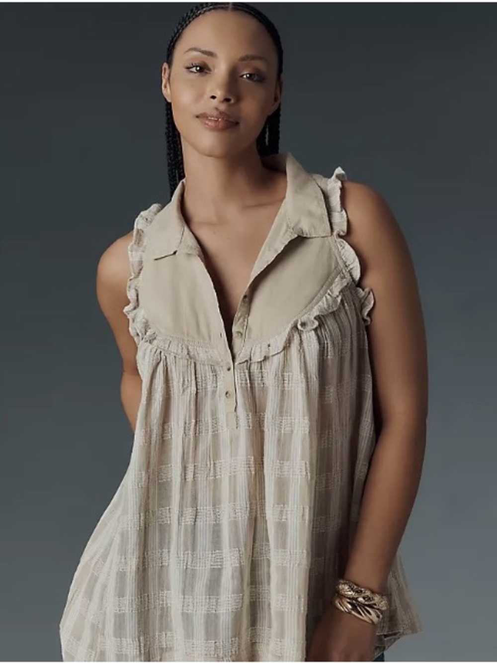 Pilcro Cream Ruffle Yoke Sleeveless Cotton Gauze Tank Top